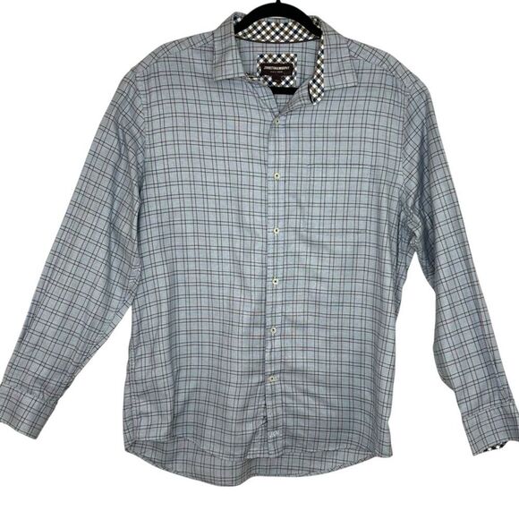 Johnston & Murphy Men's Button Down Shirt Large Blue Brown Plaid Long Sleeve - Picture 1 of 6